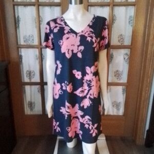 NEW! Floral V-Neck Dress, Poly/Rayon/Spandex, Navy and Coral, Size L.
